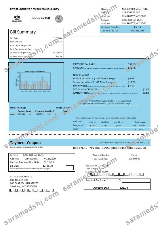 USA North Carolina City of Charlotte water business utility bill template in Word and PDF formats